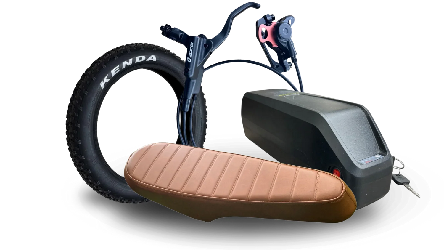 Accu, brede band en zadel van een fatbike