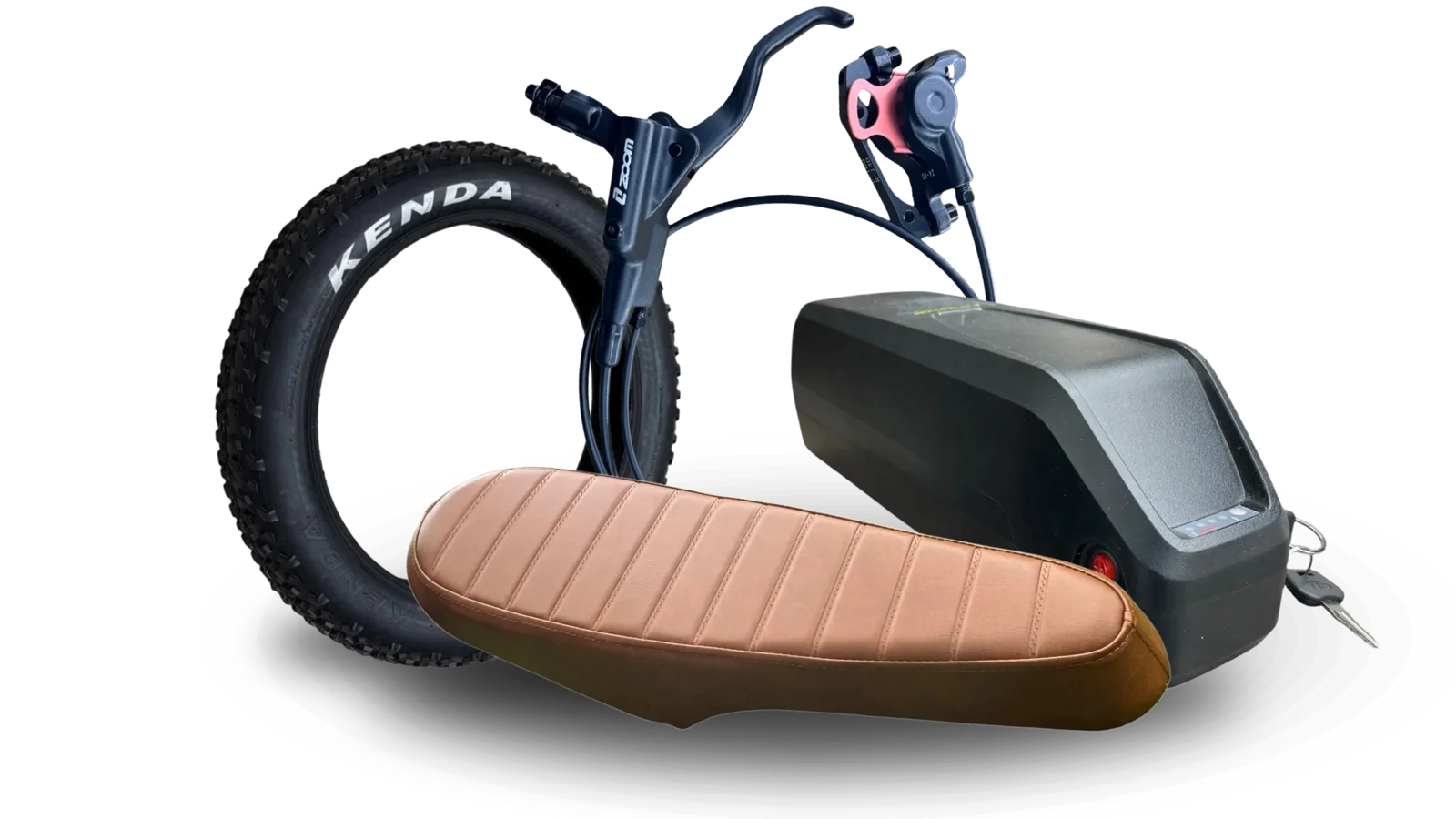 Accu, brede band en zadel van een fatbike